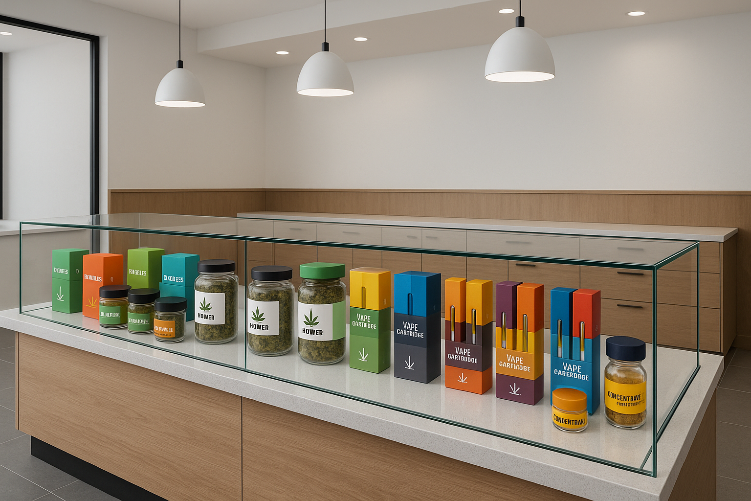 Cannabis store with products laid out on counter packaging shown